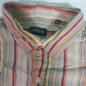 Orvis Mens XL Short Sleeve Button Down‎ Shirt  Pocket Striped Cotton Nature